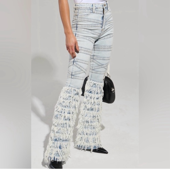 AKIRA Light Blue Fringed Flare Jeans - Picture 2 of 6